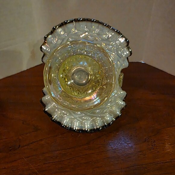 FENTON BASKET VASE DIAMOND LACE TOPAZ OPALESCENT IRIDIZED BLACK CREST VASELINE - Picture 6 of 7